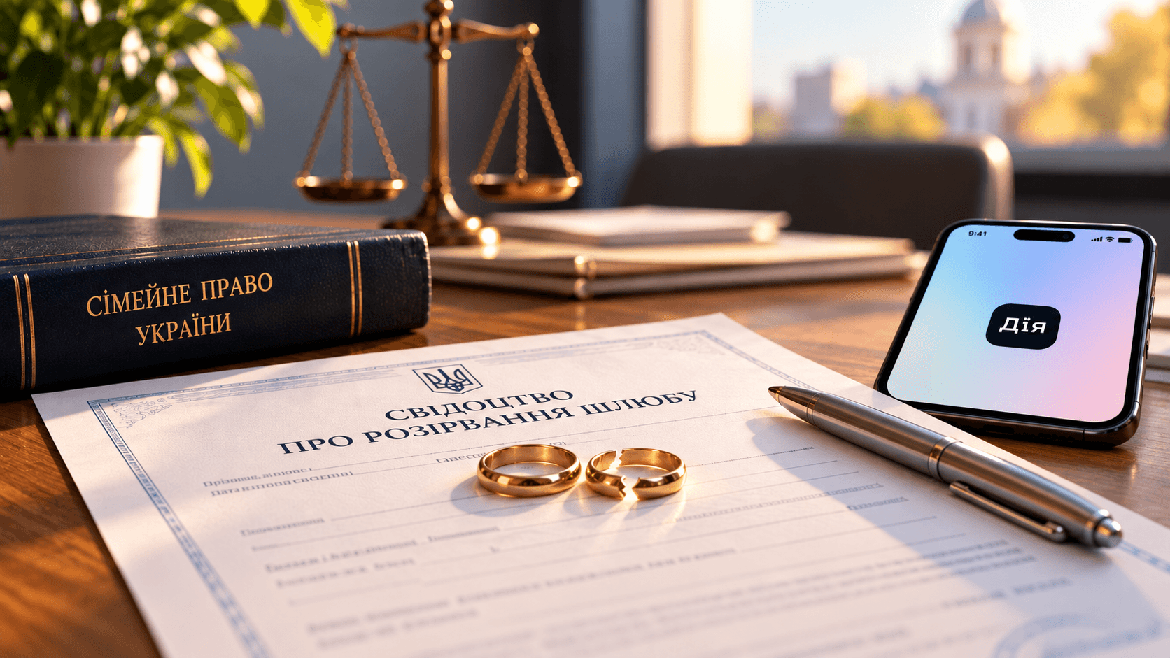 Ukrainian family law book, scales, a divorce certificate, wedding rings, and the Diia app on a phone